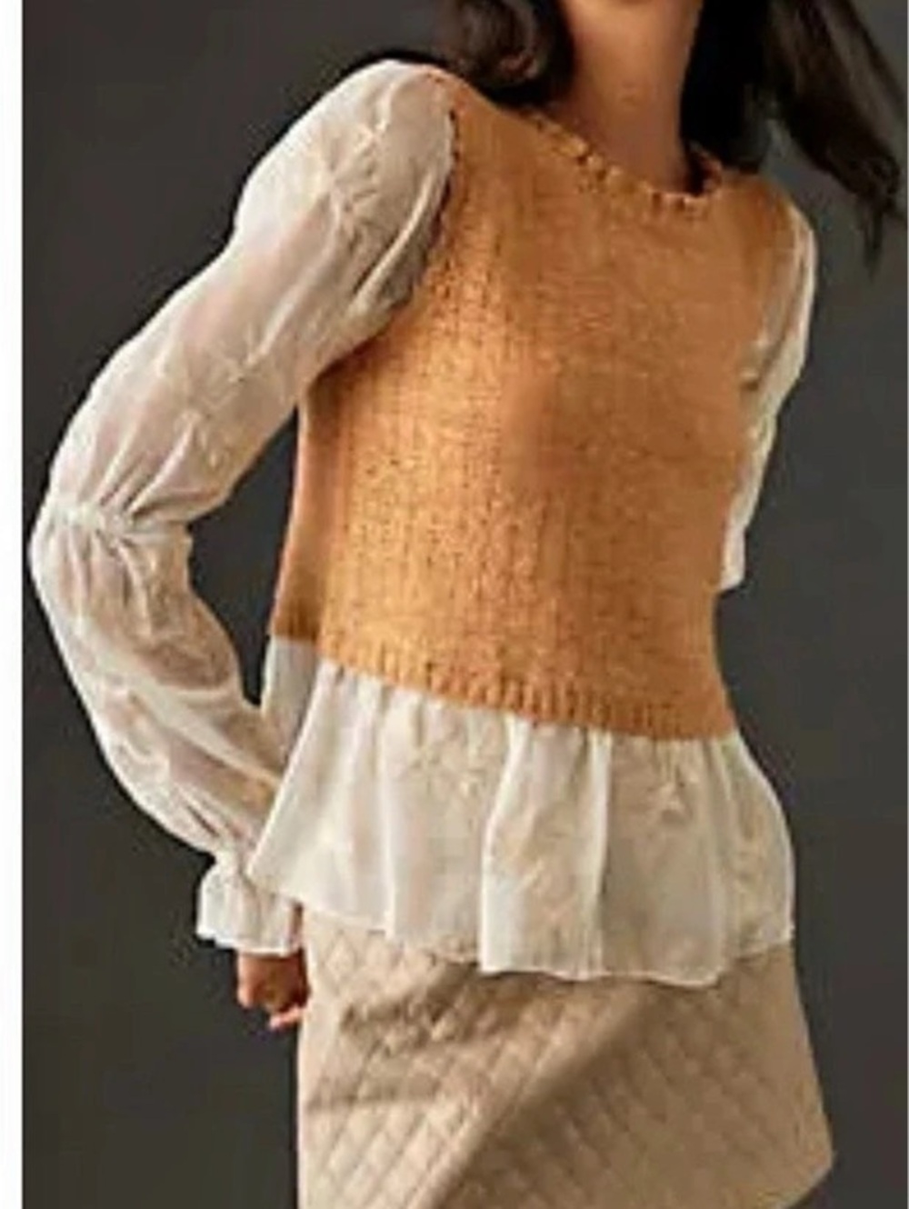 Anthropologie By Anthropologie Layered Sweater Vest Blouse Beige & White Medium